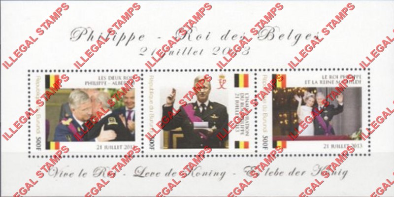Burundi 2013 Inauguration of King Philippe in Belgium Counterfeit Illegal Stamp Souvenir Sheet of 3 Burundi 2013 Inauguration of King Philippe in Belgium Counterfeit Illegal Stamp Souvenir Sheet of 3