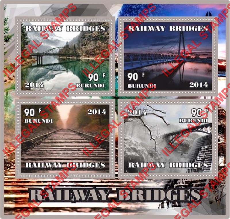 Burundi 2014 Railway Bridges Counterfeit Illegal Stamp Souvenir Sheet of 4 Burundi 2014 Railway Bridges Counterfeit Illegal Stamp Souvenir Sheet of 4