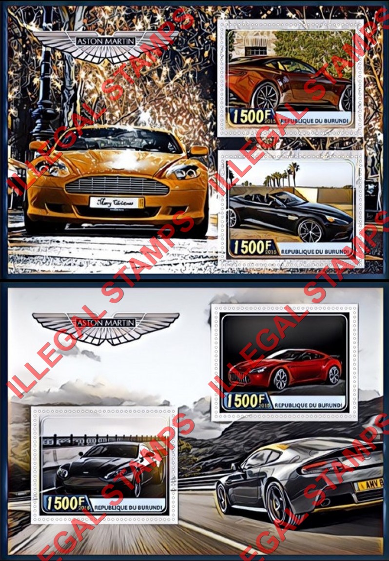 Burundi 2015 Aston Martin Cars Counterfeit Illegal Stamp Souvenir Sheets of 2 Burundi 2015 Aston Martin Cars Counterfeit Illegal Stamp Souvenir Sheets of 2