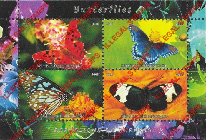 Burundi 2015 Butterflies Counterfeit Illegal Stamp Souvenir Sheet of 4 Burundi 2015 Butterflies Counterfeit Illegal Stamp Souvenir Sheet of 4