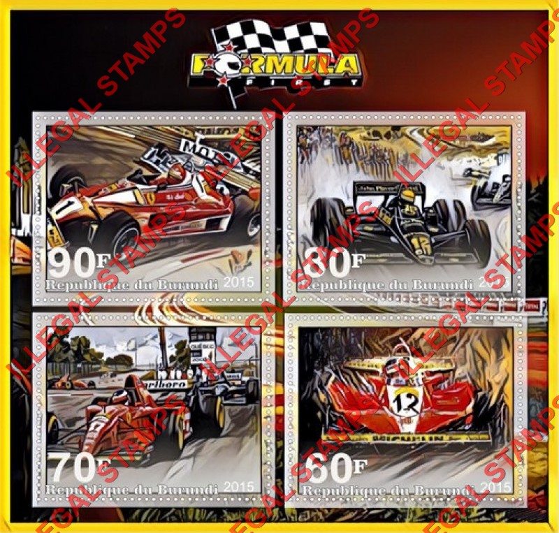 Burundi 2015 Formula I Cars Counterfeit Illegal Stamp Souvenir Sheet of 4 Burundi 2015 Formula I Cars Counterfeit Illegal Stamp Souvenir Sheet of 4