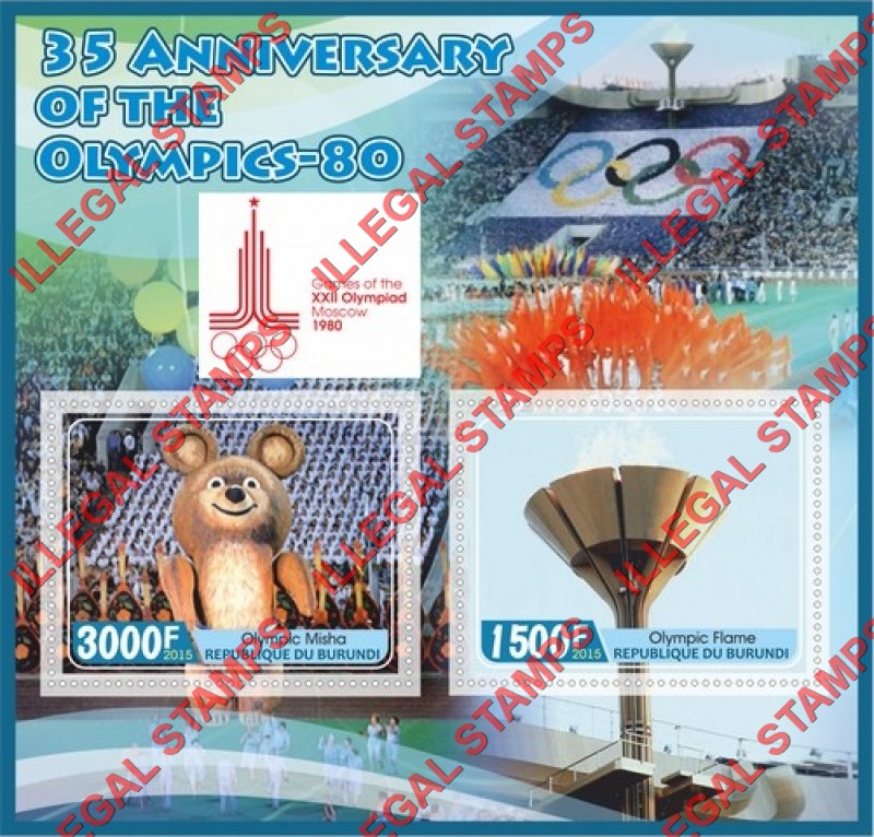 Burundi 2015 Olympic Games in Moscow in 1980 Counterfeit Illegal Stamp Souvenir Sheet of 2 Burundi 2015 Olympic Games in Moscow in 1980 Counterfeit Illegal Stamp Souvenir Sheet of 2