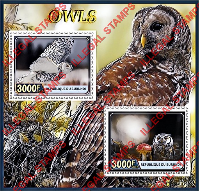 Burundi 2015 Owls Counterfeit Illegal Stamp Souvenir Sheet of 2 Burundi 2015 Owls Counterfeit Illegal Stamp Souvenir Sheet of 2