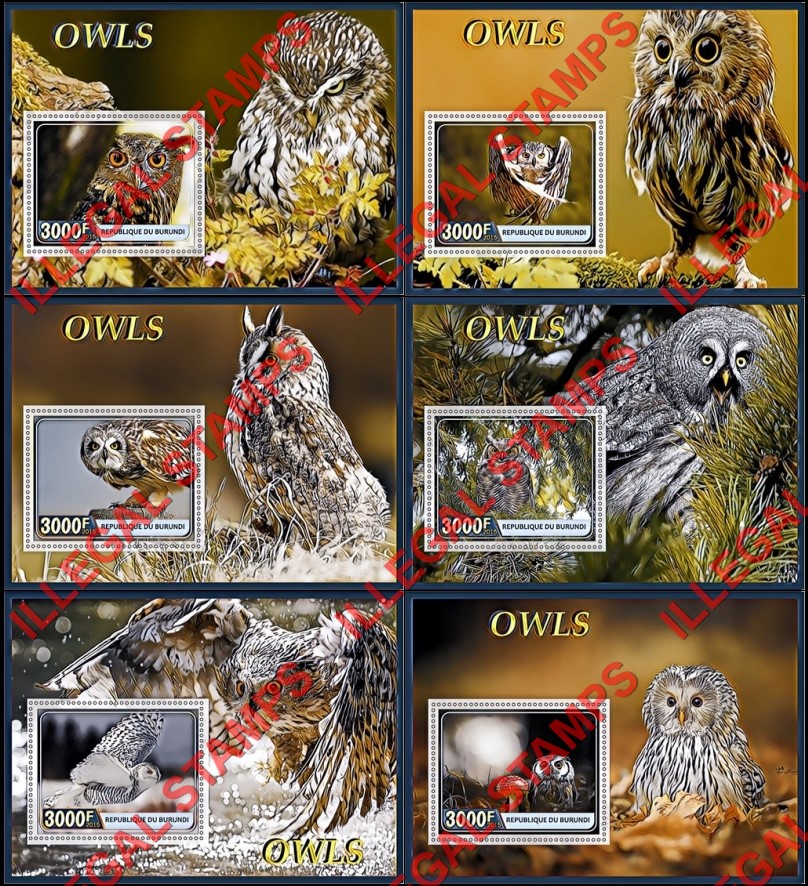 Burundi 2015 Owls Counterfeit Illegal Stamp Souvenir Sheets of 1 Burundi 2015 Owls Counterfeit Illegal Stamp Souvenir Sheets of 1