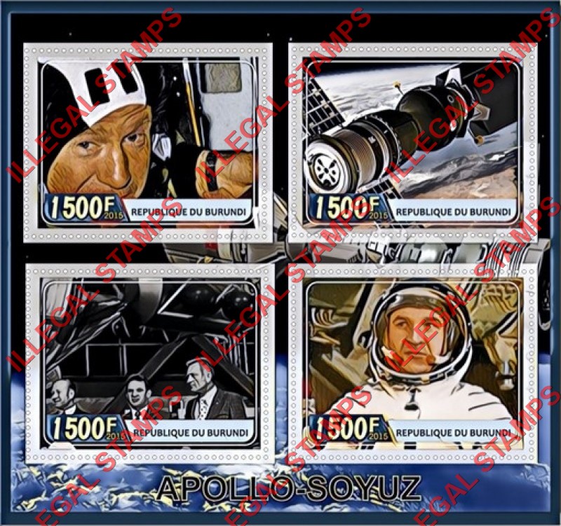 Burundi 2015 Space Apollo Soyuz Counterfeit Illegal Stamp Souvenir Sheet of 4 Burundi 2015 Space Apollo Soyuz Counterfeit Illegal Stamp Souvenir Sheet of 4
