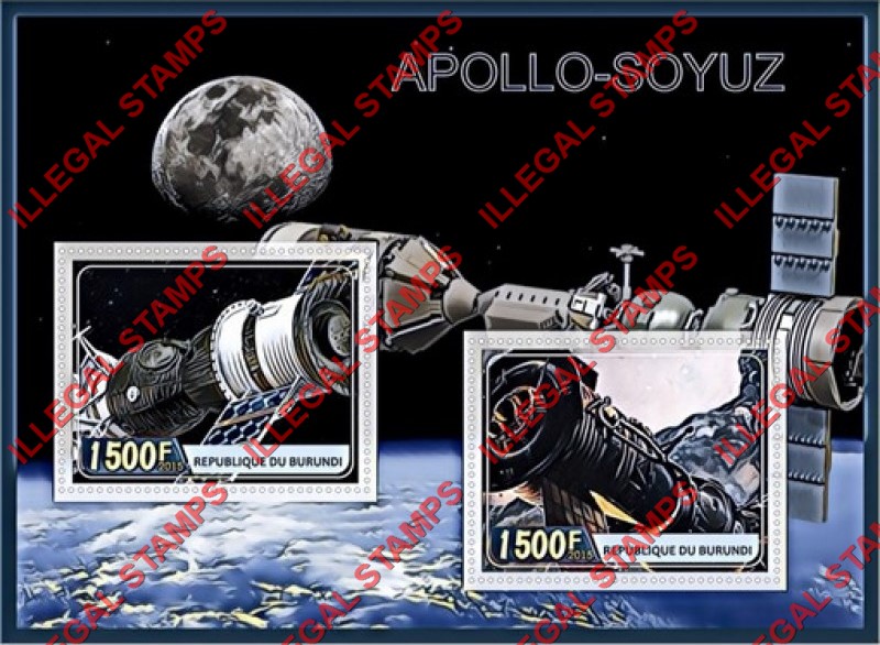 Burundi 2015 Space Apollo Soyuz Counterfeit Illegal Stamp Souvenir Sheet of 2 Burundi 2015 Space Apollo Soyuz Counterfeit Illegal Stamp Souvenir Sheet of 2