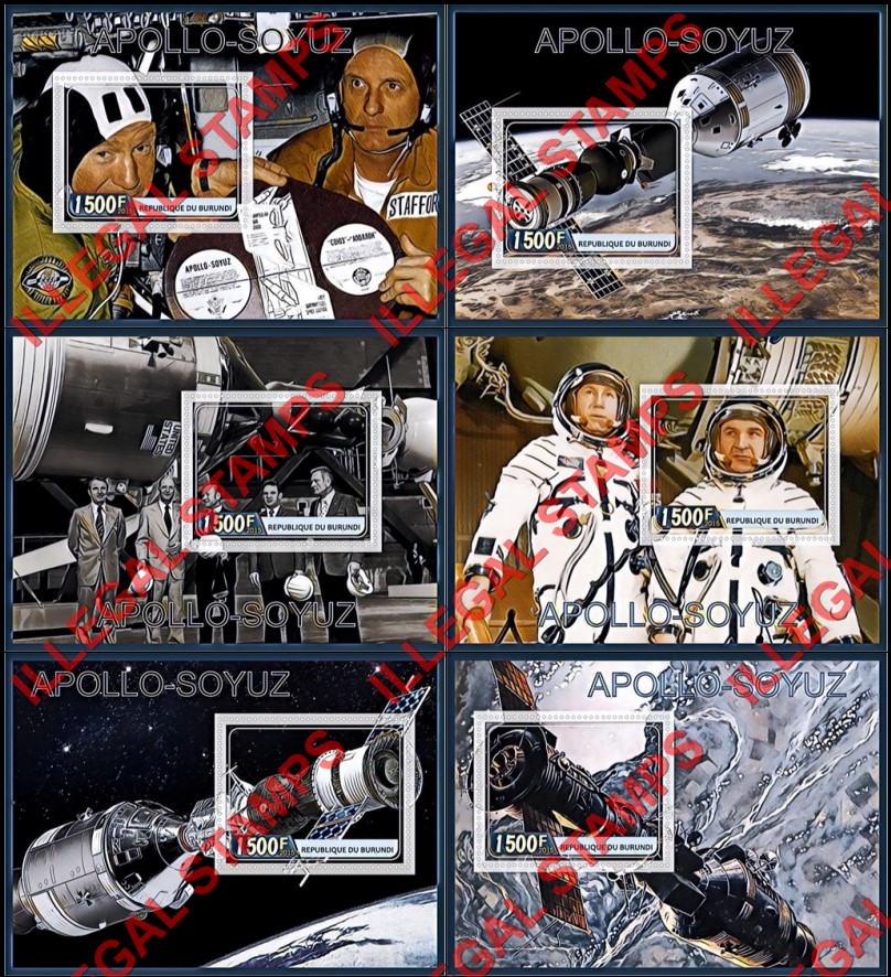 Burundi 2015 Space Apollo Soyuz Counterfeit Illegal Stamp Souvenir Sheets of 1 Burundi 2015 Space Apollo Soyuz Counterfeit Illegal Stamp Souvenir Sheets of 1