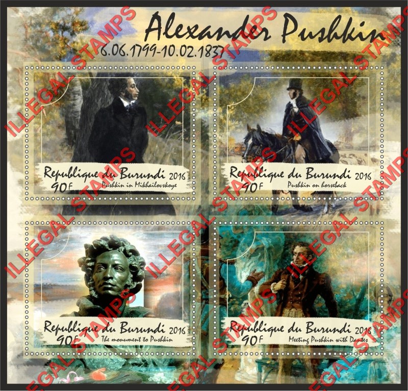 Burundi 2016 Alexander Pushkin Counterfeit Illegal Stamp Souvenir Sheet of 4 Burundi 2016 Alexander Pushkin Counterfeit Illegal Stamp Souvenir Sheet of 4
