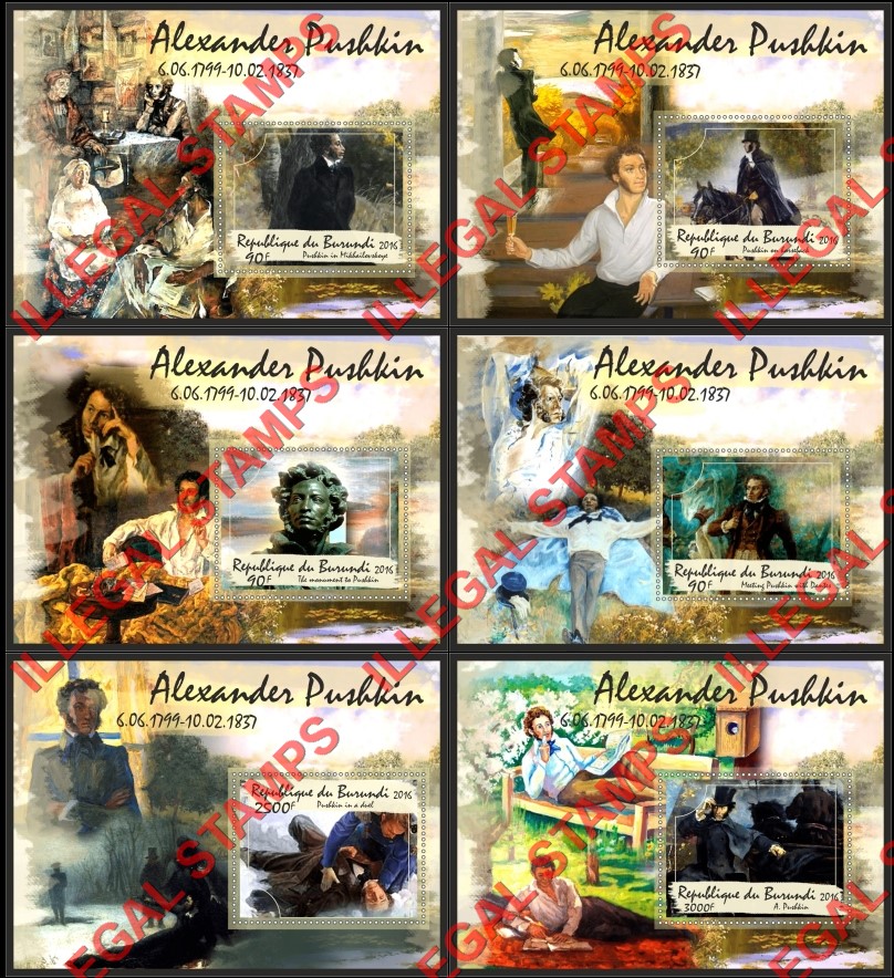Burundi 2016 Alexander Pushkin Counterfeit Illegal Stamp Souvenir Sheets of 1 Burundi 2016 Alexander Pushkin Counterfeit Illegal Stamp Souvenir Sheets of 1