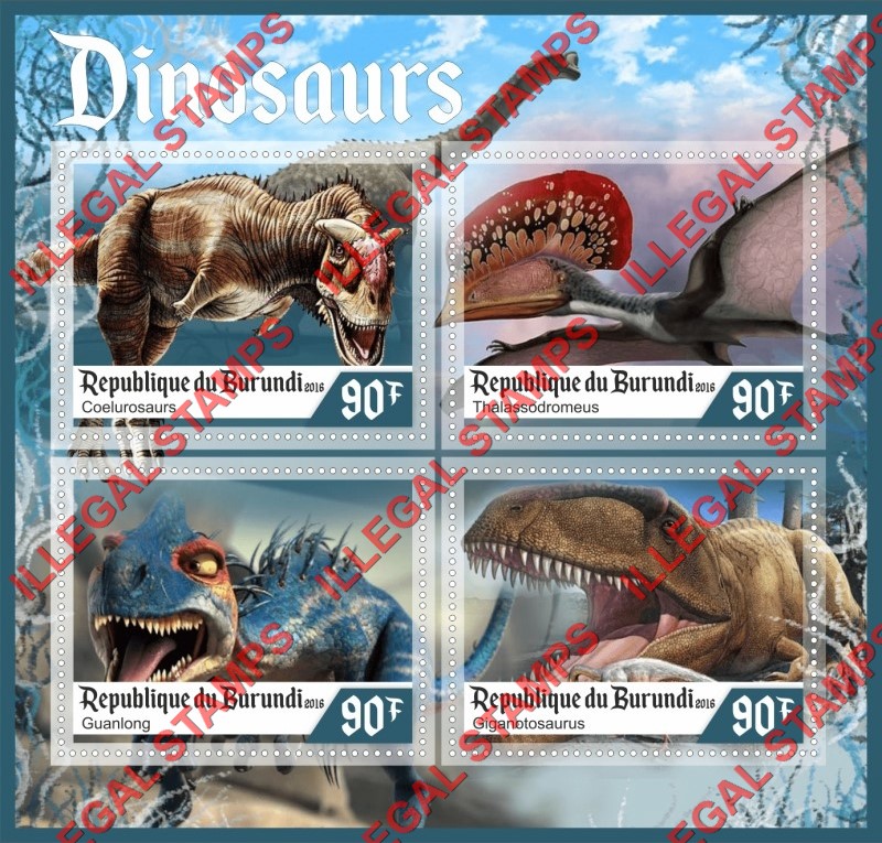 Burundi 2016 Dinosaurs Counterfeit Illegal Stamp Souvenir Sheet of 4 Burundi 2016 Dinosaurs Counterfeit Illegal Stamp Souvenir Sheet of 4