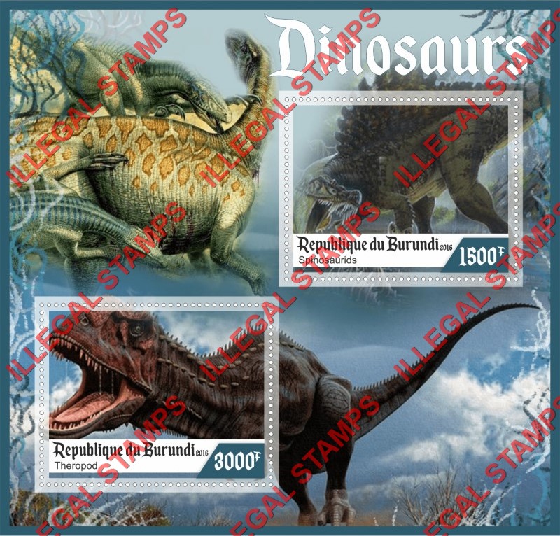 Burundi 2016 Dinosaurs Counterfeit Illegal Stamp Souvenir Sheet of 2 Burundi 2016 Dinosaurs Counterfeit Illegal Stamp Souvenir Sheet of 2