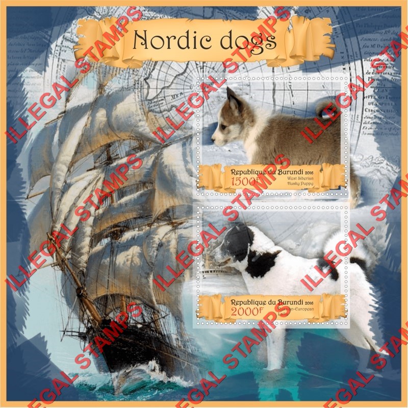 Burundi 2016 Dogs Nordic Counterfeit Illegal Stamp Souvenir Sheet of 2 Burundi 2016 Dogs Nordic Counterfeit Illegal Stamp Souvenir Sheet of 2