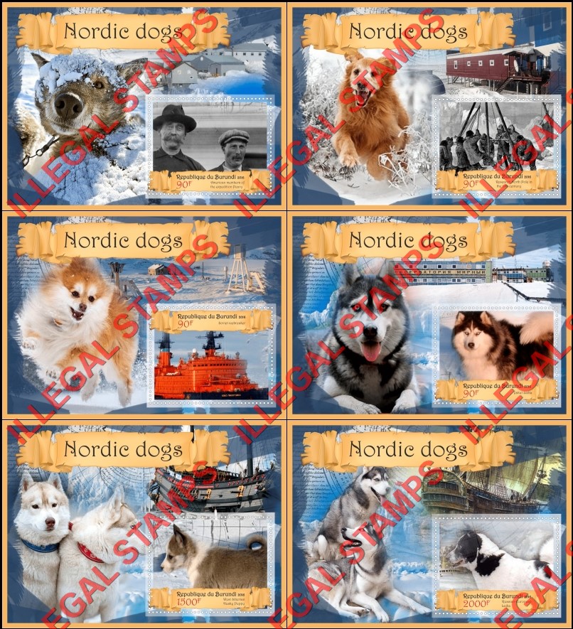 Burundi 2016 Dogs Nordic Counterfeit Illegal Stamp Souvenir Sheets of 1 Burundi 2016 Dogs Nordic Counterfeit Illegal Stamp Souvenir Sheets of 1