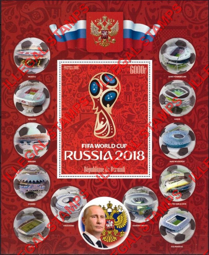 Burundi 2016 FIFA World Cup Soccer in 2018 Counterfeit Illegal Stamp Souvenir Sheet of 1 Burundi 2016 FIFA World Cup Soccer in 2018 Counterfeit Illegal Stamp Souvenir Sheet of 1