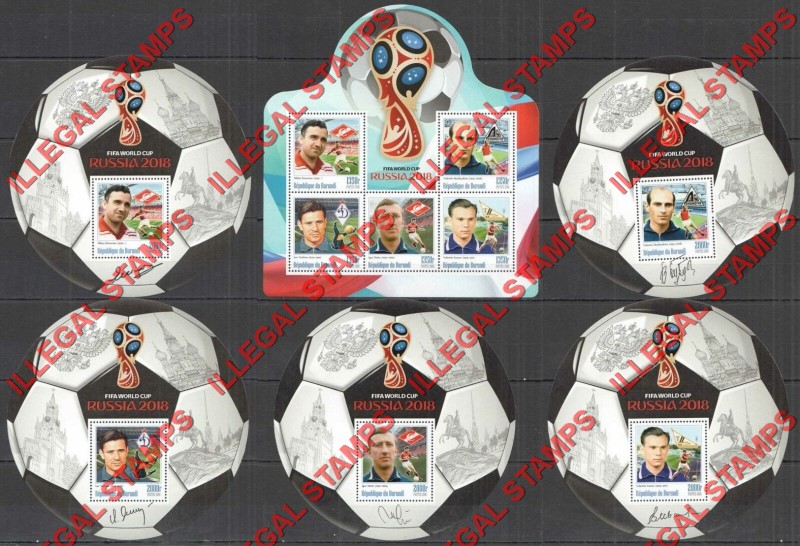 Burundi 2016 FIFA World Cup Soccer in 2018 Counterfeit Illegal Stamp Souvenir Sheets Set of 5 and 1 (Set 1) Burundi 2016 FIFA World Cup Soccer in 2018 Counterfeit Illegal Stamp Souvenir Sheets Set of 5 and 1 (Set 1)