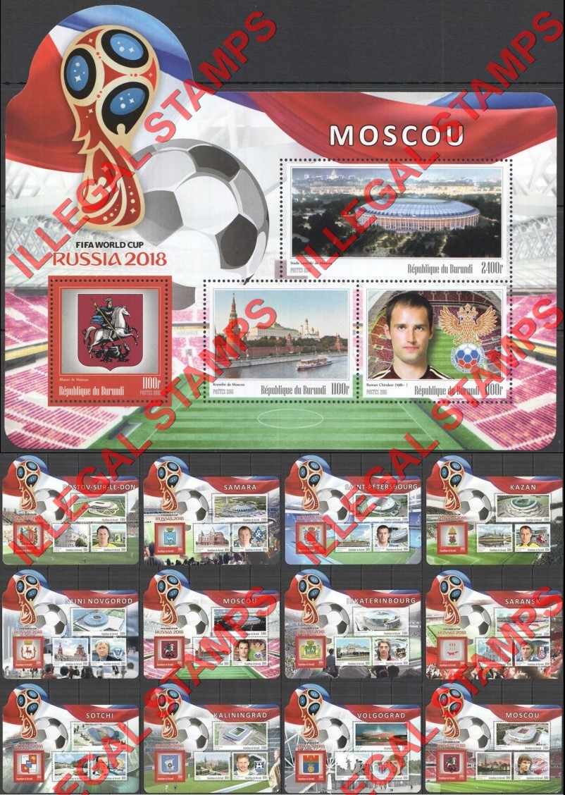 Burundi 2016 FIFA World Cup Soccer in 2018 Counterfeit Illegal Stamp Souvenir Sheets of 4 Burundi 2016 FIFA World Cup Soccer in 2018 Counterfeit Illegal Stamp Souvenir Sheets of 4