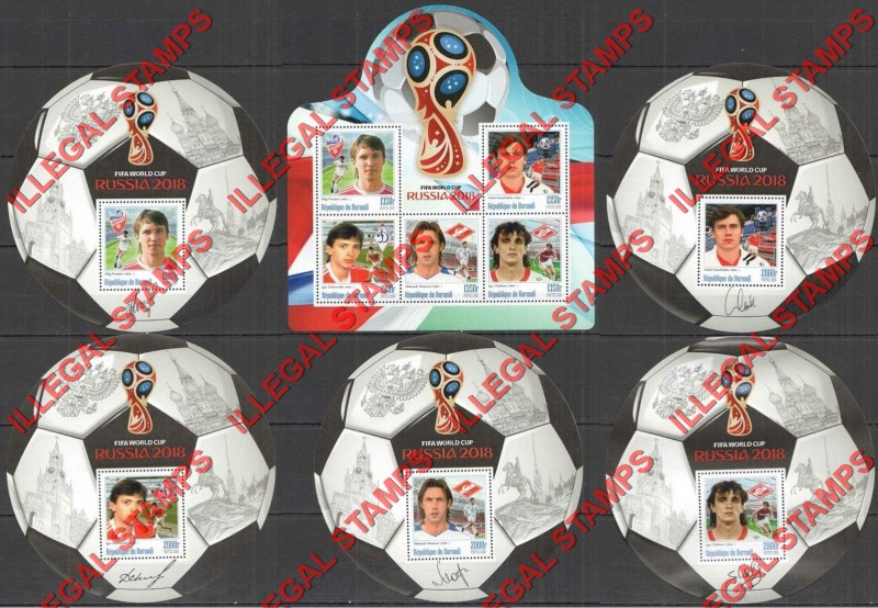 Burundi 2016 FIFA World Cup Soccer in 2018 Counterfeit Illegal Stamp Souvenir Sheets Set of 5 and 1 (Set 9) Burundi 2016 FIFA World Cup Soccer in 2018 Counterfeit Illegal Stamp Souvenir Sheets Set of 5 and 1 (Set 9)