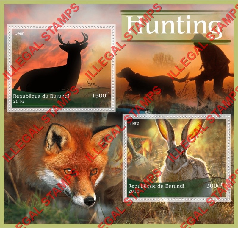 Burundi 2016 Hunting Counterfeit Illegal Stamp Souvenir Sheet of 2 Burundi 2016 Hunting Counterfeit Illegal Stamp Souvenir Sheet of 2