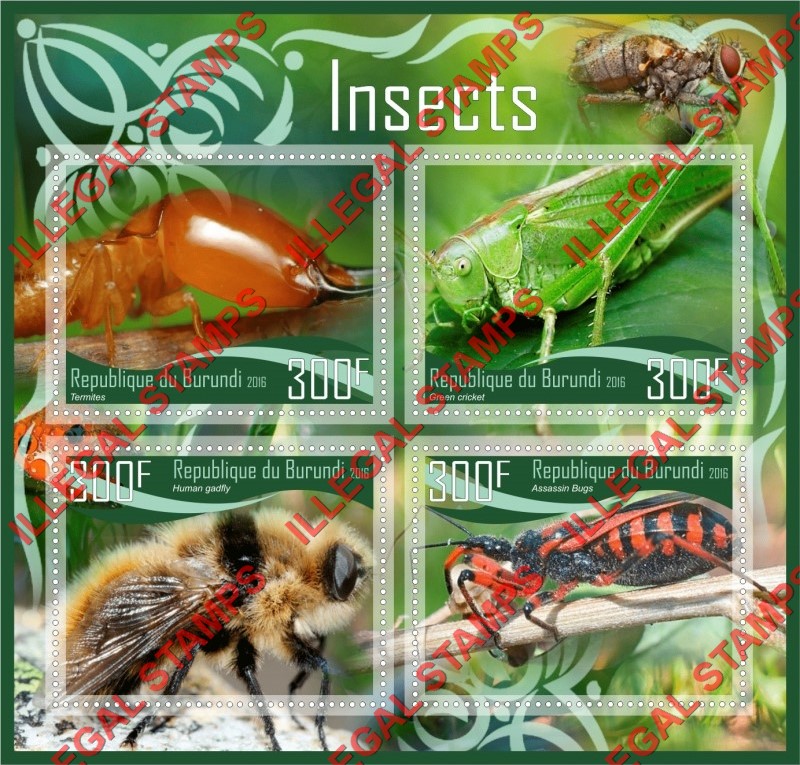 Burundi 2016 Insects Counterfeit Illegal Stamp Souvenir Sheet of 4 Burundi 2016 Insects Counterfeit Illegal Stamp Souvenir Sheet of 4