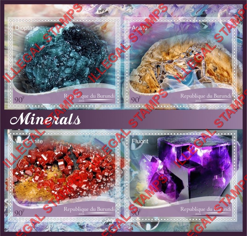 Burundi 2016 Minerals Counterfeit Illegal Stamp Souvenir Sheet of 4 Burundi 2016 Minerals Counterfeit Illegal Stamp Souvenir Sheet of 4