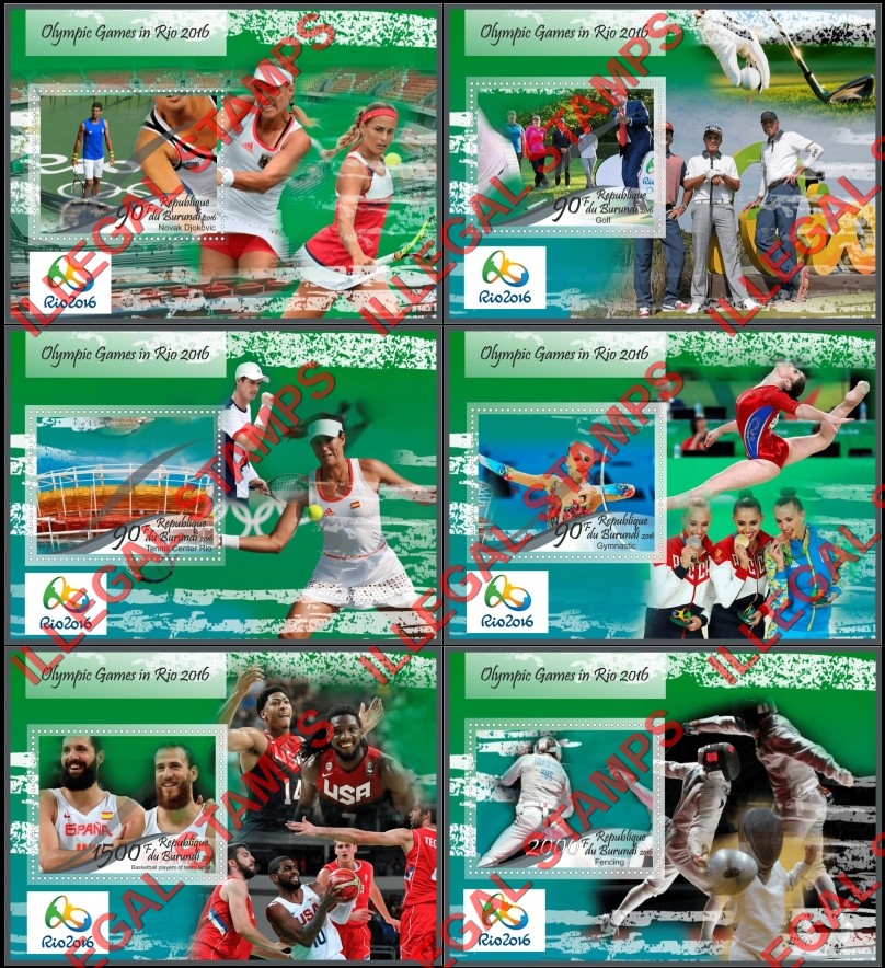 Burundi 2016 Olympic Games in Rio Counterfeit Illegal Stamp Souvenir Sheets of 1 Burundi 2016 Olympic Games in Rio Counterfeit Illegal Stamp Souvenir Sheets of 1
