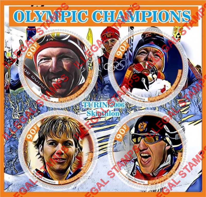 Burundi 2016 Olympic Games in Turin in 2006 Skiathlon Champions Counterfeit Illegal Stamp Souvenir Sheet of 4 Burundi 2016 Olympic Games in Turin in 2006 Skiathlon Champions Counterfeit Illegal Stamp Souvenir Sheet of 4
