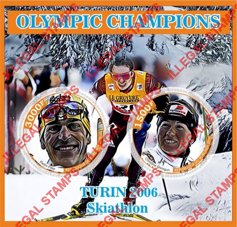Burundi 2016 Olympic Games in Turin in 2006 Skiathlon Champions Counterfeit Illegal Stamp Souvenir Sheet of 2 Burundi 2016 Olympic Games in Turin in 2006 Skiathlon Champions Counterfeit Illegal Stamp Souvenir Sheet of 2