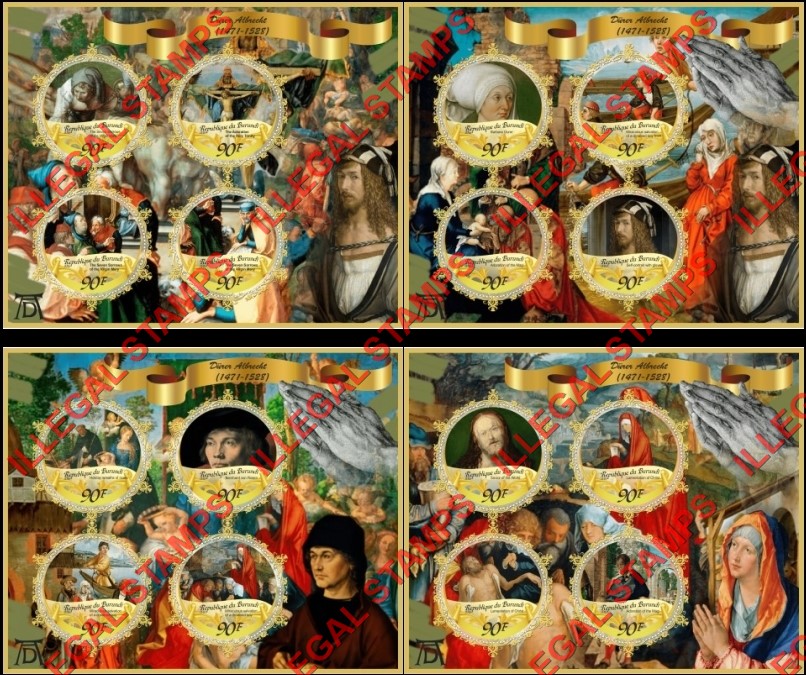 Burundi 2016 Paintings by Albrecht Durer Counterfeit Illegal Stamp Souvenir Sheets of 4 (Part 2) Burundi 2016 Paintings by Albrecht Durer Counterfeit Illegal Stamp Souvenir Sheets of 4 (Part 2)