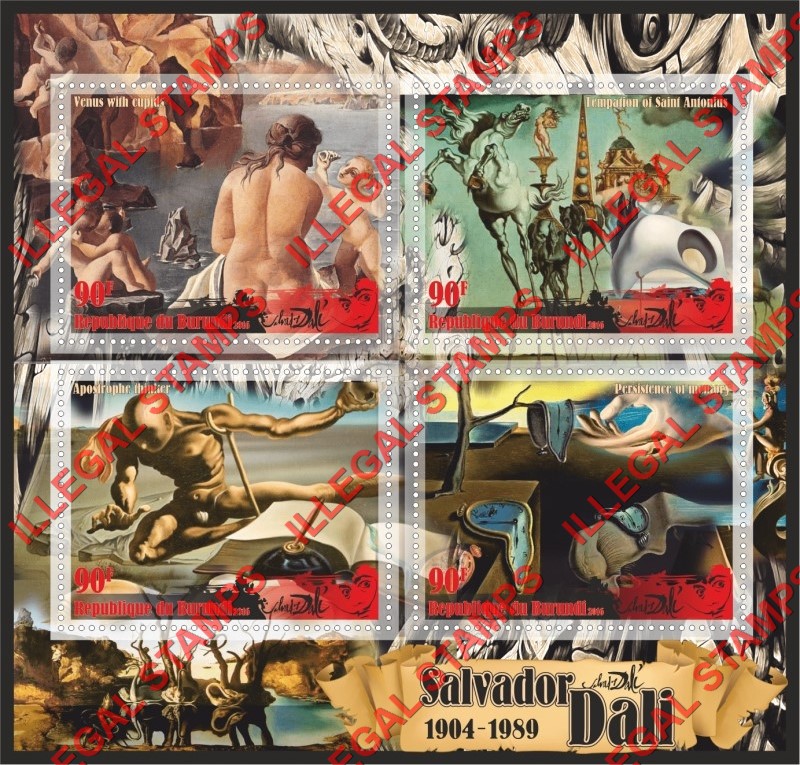 Burundi 2016 Paintings by Salvador Dali Counterfeit Illegal Stamp Souvenir Sheet of 4 Burundi 2016 Paintings by Salvador Dali Counterfeit Illegal Stamp Souvenir Sheet of 4