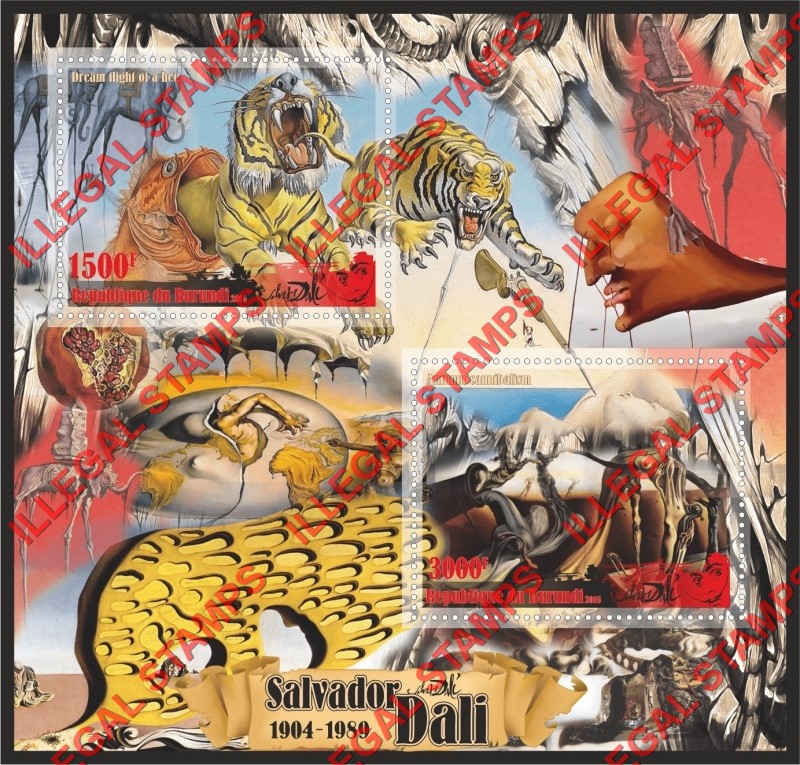 Burundi 2016 Paintings by Salvador Dali Counterfeit Illegal Stamp Souvenir Sheet of 2 Burundi 2016 Paintings by Salvador Dali Counterfeit Illegal Stamp Souvenir Sheet of 2