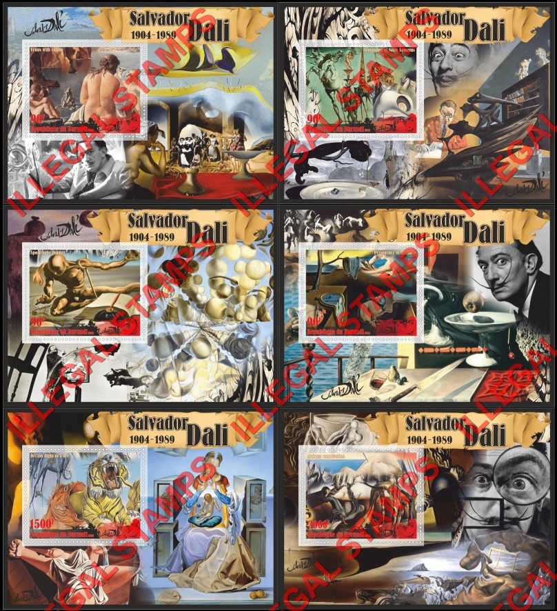 Burundi 2016 Paintings by Salvador Dali Counterfeit Illegal Stamp Souvenir Sheets of 1 Burundi 2016 Paintings by Salvador Dali Counterfeit Illegal Stamp Souvenir Sheets of 1