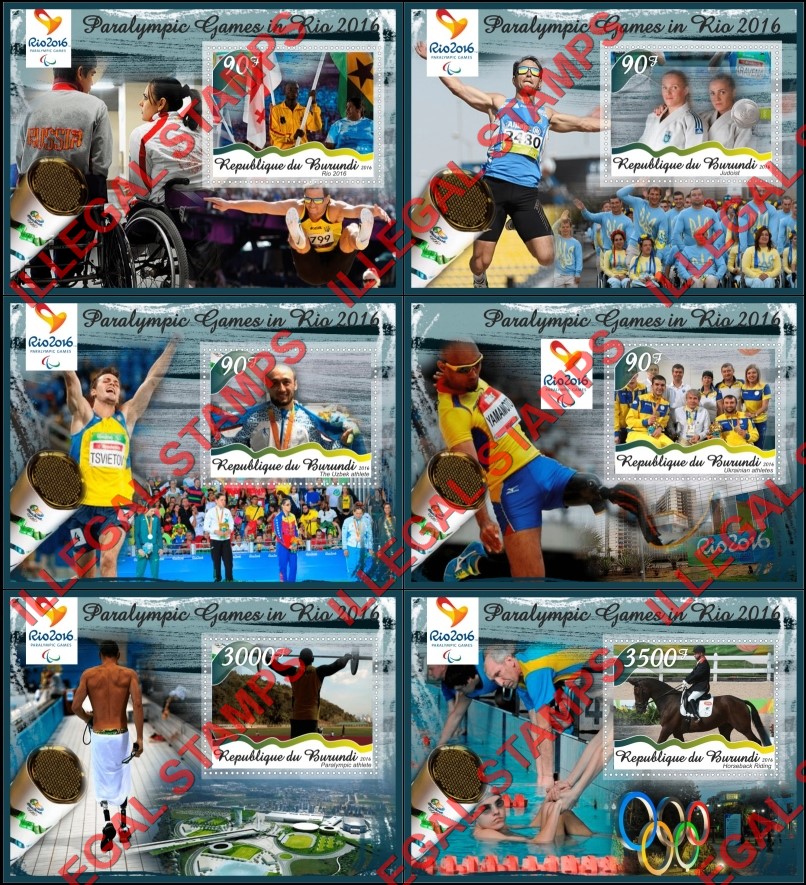Burundi 2016 Paralympic Games in Rio Counterfeit Illegal Stamp Souvenir Sheets of 1 Burundi 2016 Paralympic Games in Rio Counterfeit Illegal Stamp Souvenir Sheets of 1