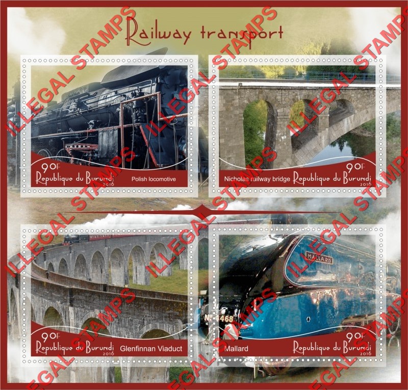 Burundi 2016 Railway Transport Locomotives Counterfeit Illegal Stamp Souvenir Sheet of 4 Burundi 2016 Railway Transport Locomotives Counterfeit Illegal Stamp Souvenir Sheet of 4