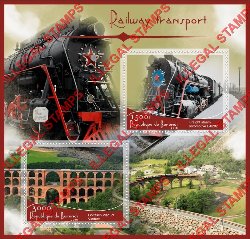 Burundi 2016 Railway Transport Locomotives Counterfeit Illegal Stamp Souvenir Sheet of 2 Burundi 2016 Railway Transport Locomotives Counterfeit Illegal Stamp Souvenir Sheet of 2