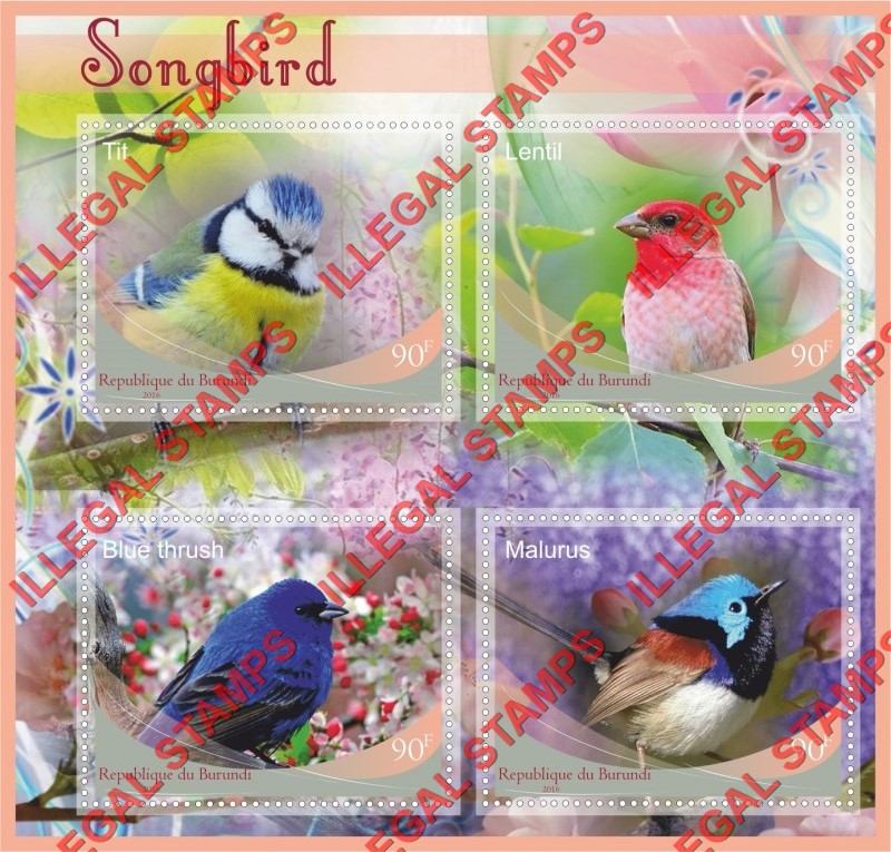 Burundi 2016 Songbirds Counterfeit Illegal Stamp Souvenir Sheet of 4 Burundi 2016 Songbirds Counterfeit Illegal Stamp Souvenir Sheet of 4