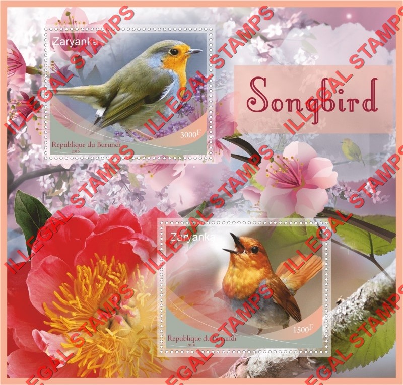 Burundi 2016 Songbirds Counterfeit Illegal Stamp Souvenir Sheet of 2 Burundi 2016 Songbirds Counterfeit Illegal Stamp Souvenir Sheet of 2