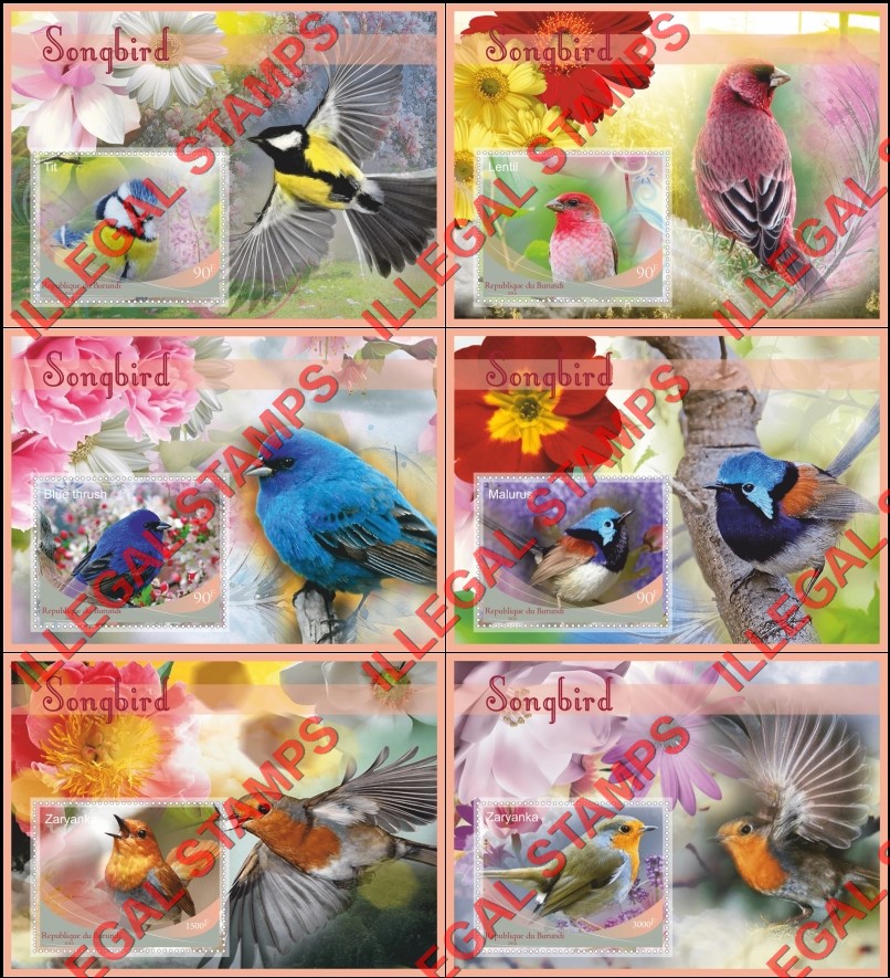 Burundi 2016 Songbirds Counterfeit Illegal Stamp Souvenir Sheets of 1 Burundi 2016 Songbirds Counterfeit Illegal Stamp Souvenir Sheets of 1