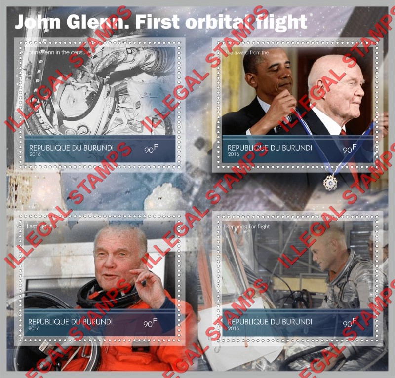 Burundi 2016 Space John Glenn First Orbital Flight Counterfeit Illegal Stamp Souvenir Sheet of 4 Burundi 2016 Space John Glenn First Orbital Flight Counterfeit Illegal Stamp Souvenir Sheet of 4