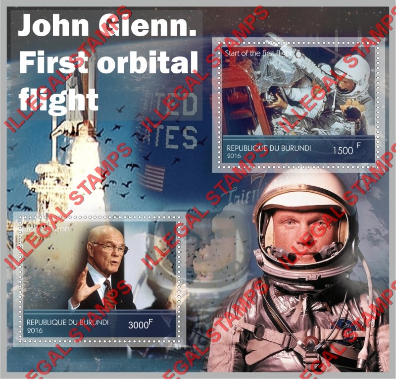 Burundi 2016 Space John Glenn First Orbital Flight Counterfeit Illegal Stamp Souvenir Sheet of 2 Burundi 2016 Space John Glenn First Orbital Flight Counterfeit Illegal Stamp Souvenir Sheet of 2