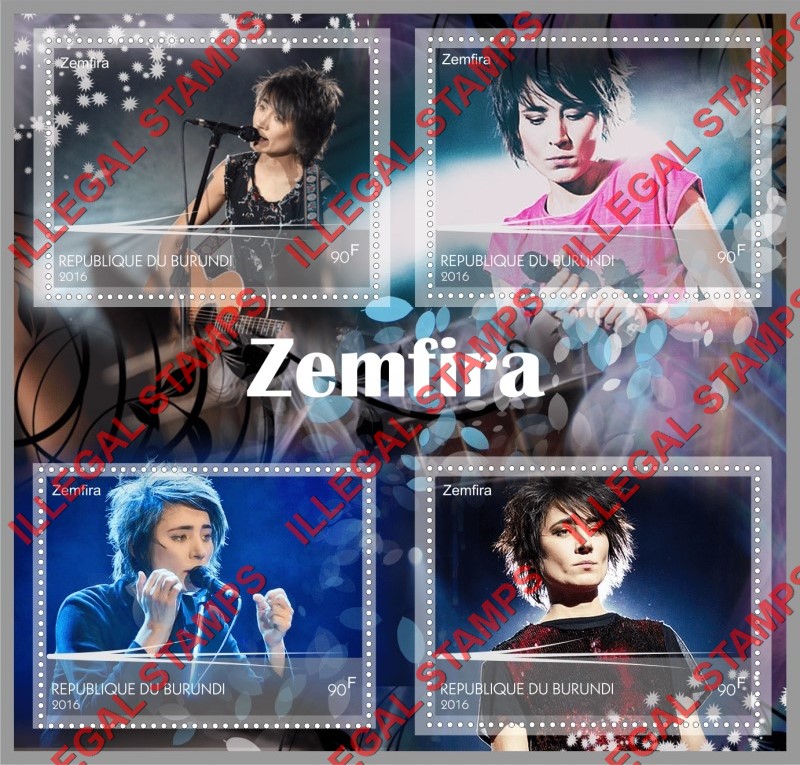 Burundi 2016 Zemfira Musician Singer Counterfeit Illegal Stamp Souvenir Sheet of 4 Burundi 2016 Zemfira Musician Singer Counterfeit Illegal Stamp Souvenir Sheet of 4
