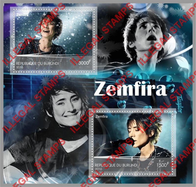 Burundi 2016 Zemfira Musician Singer Counterfeit Illegal Stamp Souvenir Sheet of 2 Burundi 2016 Zemfira Musician Singer Counterfeit Illegal Stamp Souvenir Sheet of 2