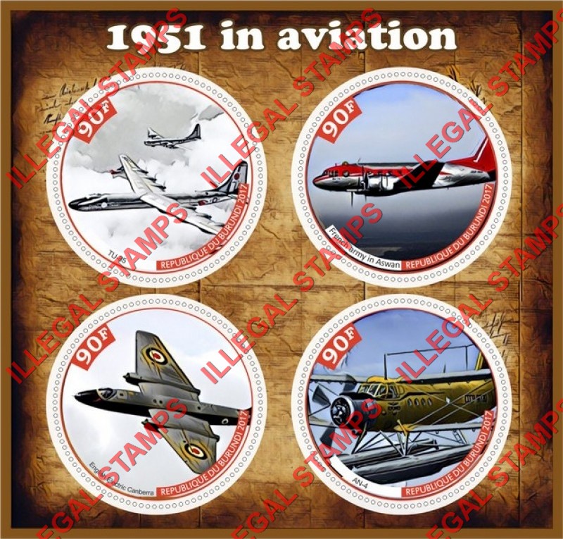 Burundi 2017 Aviation in 1951 Counterfeit Illegal Stamp Souvenir Sheet of 4 Burundi 2017 Aviation in 1951 Counterfeit Illegal Stamp Souvenir Sheet of 4