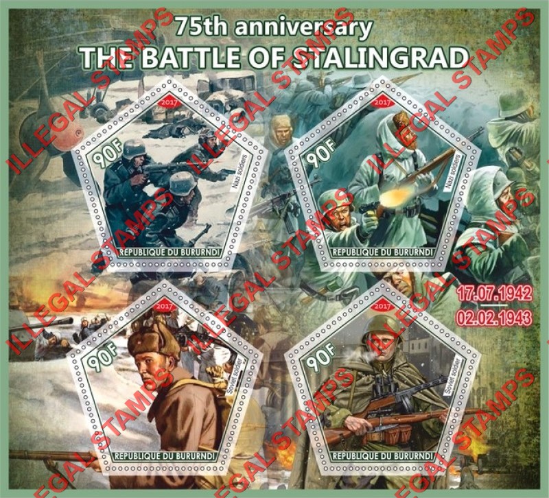Burundi 2017 Battle of Stalingrad Counterfeit Illegal Stamp Souvenir Sheet of 4 Burundi 2017 Battle of Stalingrad Counterfeit Illegal Stamp Souvenir Sheet of 4