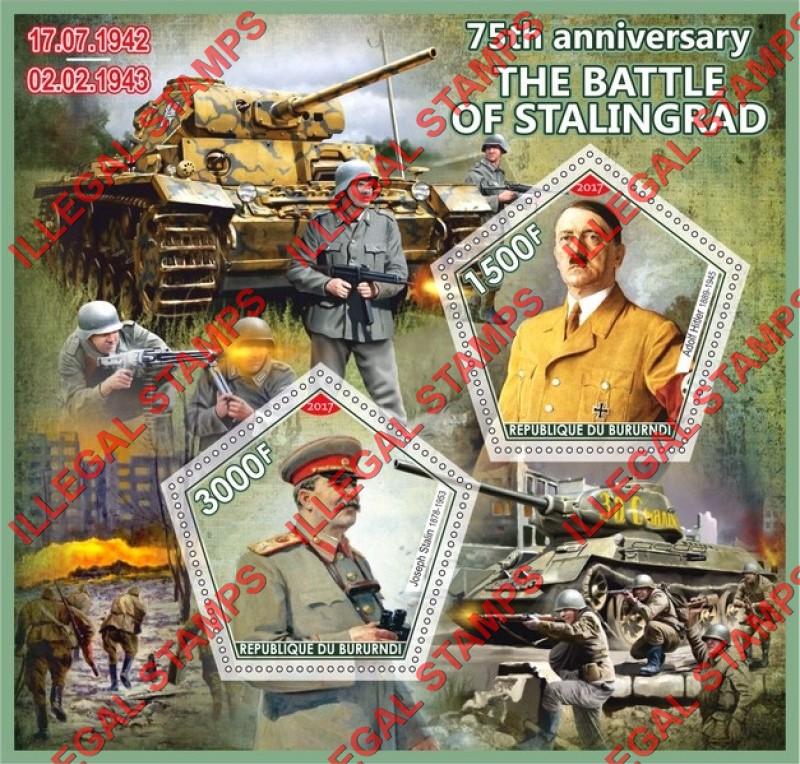 Burundi 2017 Battle of Stalingrad Counterfeit Illegal Stamp Souvenir Sheet of 2 Burundi 2017 Battle of Stalingrad Counterfeit Illegal Stamp Souvenir Sheet of 2