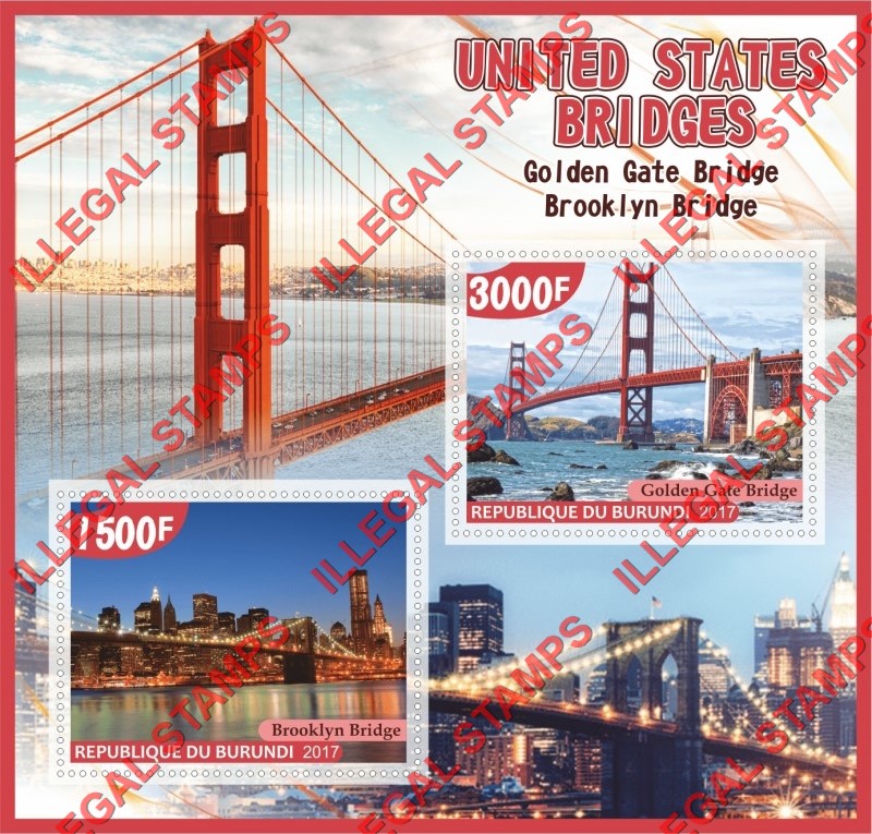 Burundi 2017 Bridges in the United States Counterfeit Illegal Stamp Souvenir Sheet of 2 Burundi 2017 Bridges in the United States Counterfeit Illegal Stamp Souvenir Sheet of 2