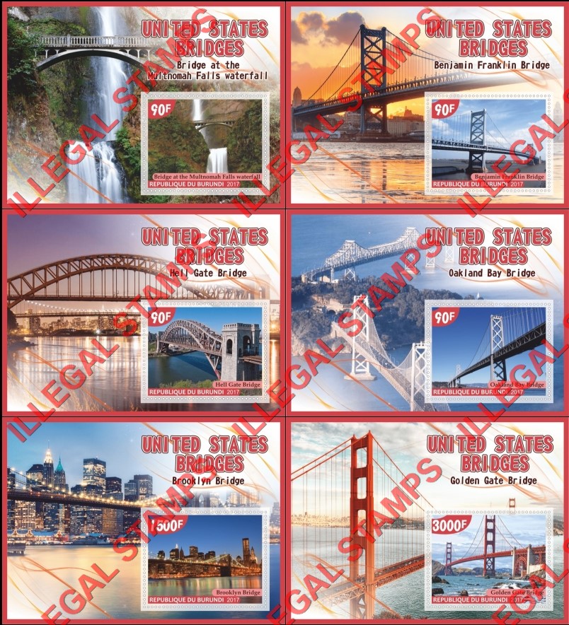Burundi 2017 Bridges in the United States Counterfeit Illegal Stamp Souvenir Sheets of 1 Burundi 2017 Bridges in the United States Counterfeit Illegal Stamp Souvenir Sheets of 1