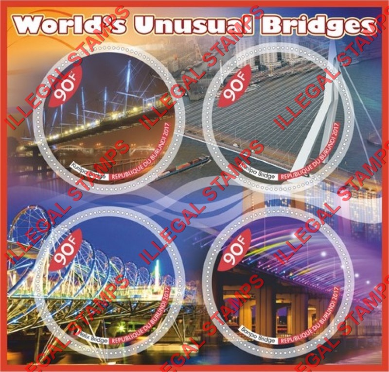 Burundi 2017 Bridges Unusual Counterfeit Illegal Stamp Souvenir Sheet of 4 Burundi 2017 Bridges Unusual Counterfeit Illegal Stamp Souvenir Sheet of 4