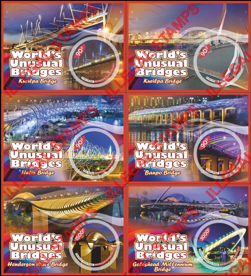 Burundi 2017 Bridges Unusual Counterfeit Illegal Stamp Souvenir Sheets of 1 Burundi 2017 Bridges Unusual Counterfeit Illegal Stamp Souvenir Sheets of 1