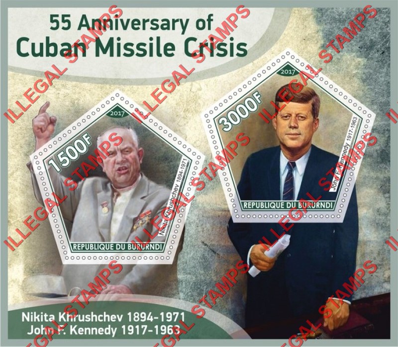 Burundi 2017 Cuban Missile Crisis Counterfeit Illegal Stamp Souvenir Sheet of 2 Burundi 2017 Cuban Missile Crisis Counterfeit Illegal Stamp Souvenir Sheet of 2