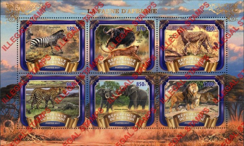 Burundi 2017 Fauna of Africa Counterfeit Illegal Stamp Souvenir Sheet of 6 Burundi 2017 Fauna of Africa Counterfeit Illegal Stamp Souvenir Sheet of 6